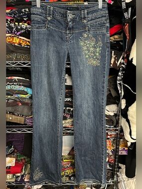 Y2K PZ women's med wash faded sequin embroidered straight mini flare jeans, 28"